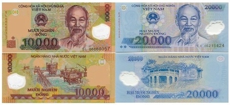 Vietnam VND 10,000 and 20,000 Bank Note - worth 50 US cents and $1 respectively (2011)